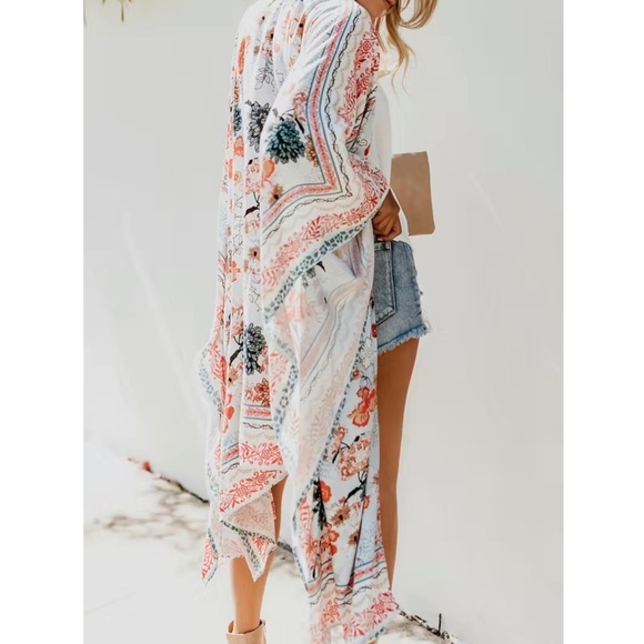 Boho Creamy White Floral Kimono Wrap Beach Coverup - Picture 3 of 16
